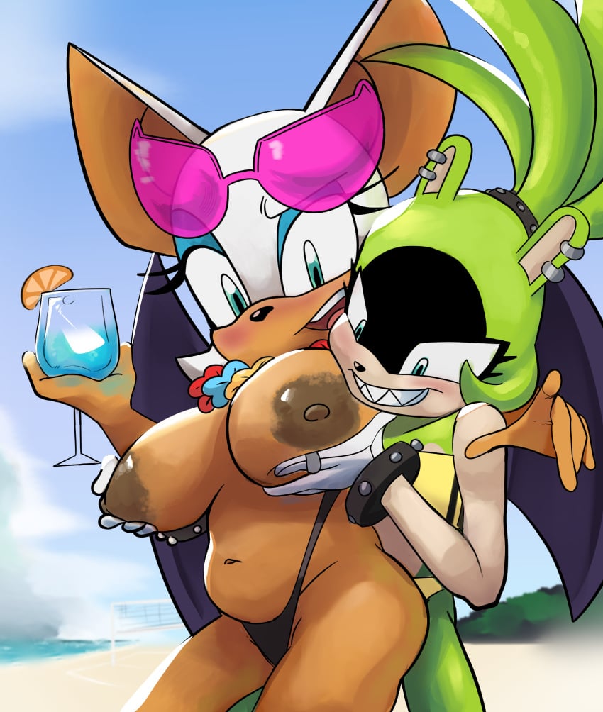 2023 2girls anthro areolae beach bikini blush breasts brown_nipples dark_nipples digital_media_(artwork) fondling furry groping large_areolae large_breasts rouge_the_bat sin-buttons_(artist) sonic_(series) sonic_the_hedgehog_(idw) sonic_the_hedgehog_(series) surge_the_tenrec swimsuit thong topless yuri