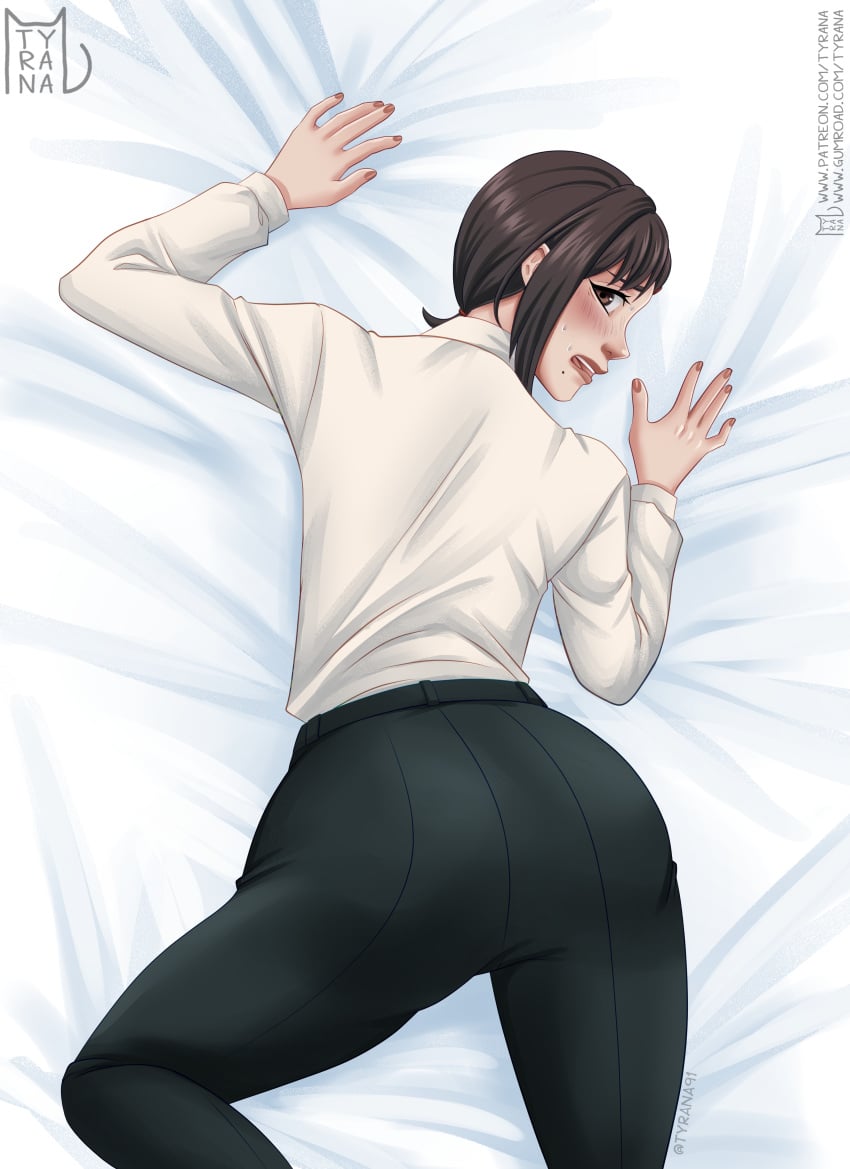 1girls 2023 absurd_res alternate_ass_size alternate_version_available ass ass_focus back_view bed bed_sheet big_ass black_pants blush brown_eyes brown_hair chainsaw_man female female_focus female_only fully_clothed hair_tie higashiyama_kobeni highres large_ass looking_at_viewer looking_back looking_back_at_viewer lying lying_on_bed mole mole_under_mouth nervous nervous_sweat solo solo_female solo_focus sweat sweating tyrana uniform watermark white_shirt