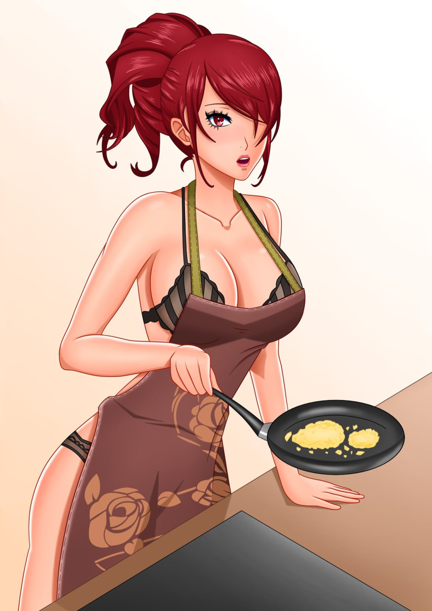 alternate_costume apron atlus cooking female female_only holding holding_object holding_pan lingerie long_hair looking_at_viewer megami_tensei mitsuru_kirijo persona persona_3 ponytail red_eyes red_hair rrl0215 solo solo_female