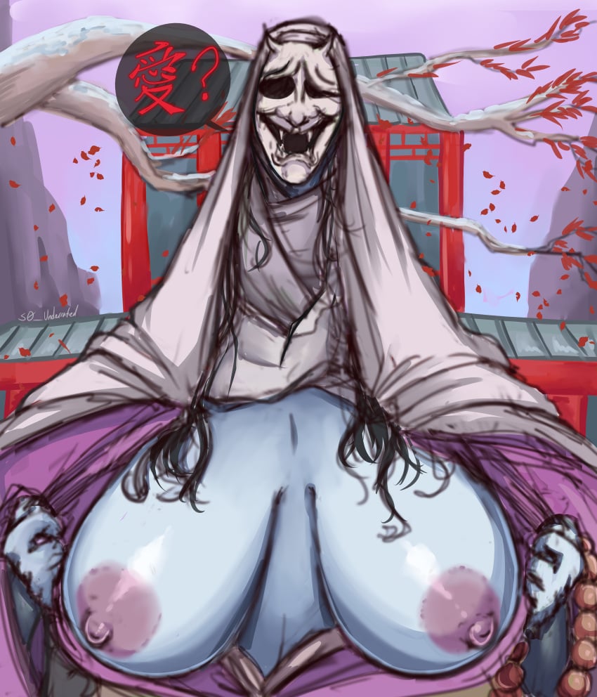 1girls big_breasts black_hair blue_skin breasts_out corrupted_monk female female_only fromsoftware habit hannya headscarf huge_breasts japanese_clothes long_hair mask masked masked_female monster_girl no_bra nun onryo open_clothes prayer_beads s0_underrated sekiro:_shadows_die_twice solo youkai