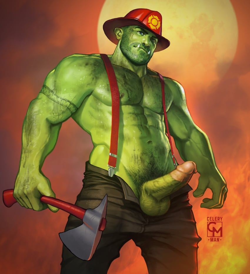 1boy 2022 balls bara bara_tits barazoku beard_stubble big_balls big_penis celery_man6 circumcised circumcision_scar clothing costume erection facial_hair fangs firefighter gay green-skinned_male green_body green_skin hairy halloween halloween_costume hi_res highres holidays looking_at_viewer male male_focus male_nipples male_only manly muscular_male nipples orc orc_male penis penis_out solo solo_male teeth teeth_visible yaoi