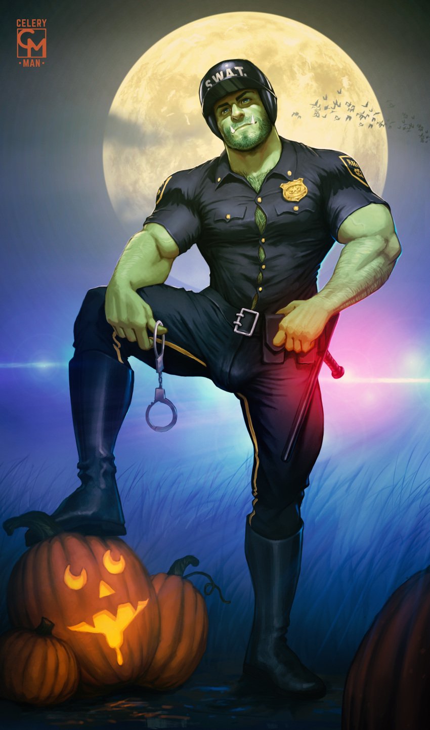 1boy 2022 bara barazoku beard_stubble bulge celery_man6 costume facial_hair fangs gay green-skinned_male green_body green_skin hairy halloween halloween_costume hi_res highres holidays looking_at_viewer male male_focus male_only manly muscular_male orc orc_male police police_uniform pumpkin solo solo_male teeth teeth_visible tight_clothing yaoi