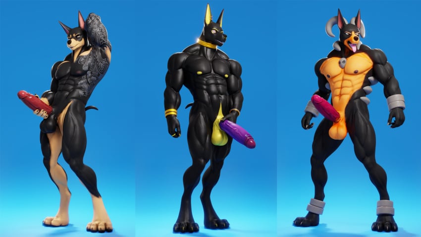 alternate_form anthro arm_tattoo biceps canid canine canis chest_tattoo connivingrat dobermann domestic_dog dominic_pepe_(drboumboom32) drboumboom32 erection genitals group humanoid male male_only mammal masturbation muscular muscular_male muscular_thighs nipples pecs penis pinscher pose tattoo triceps trio valorlynz