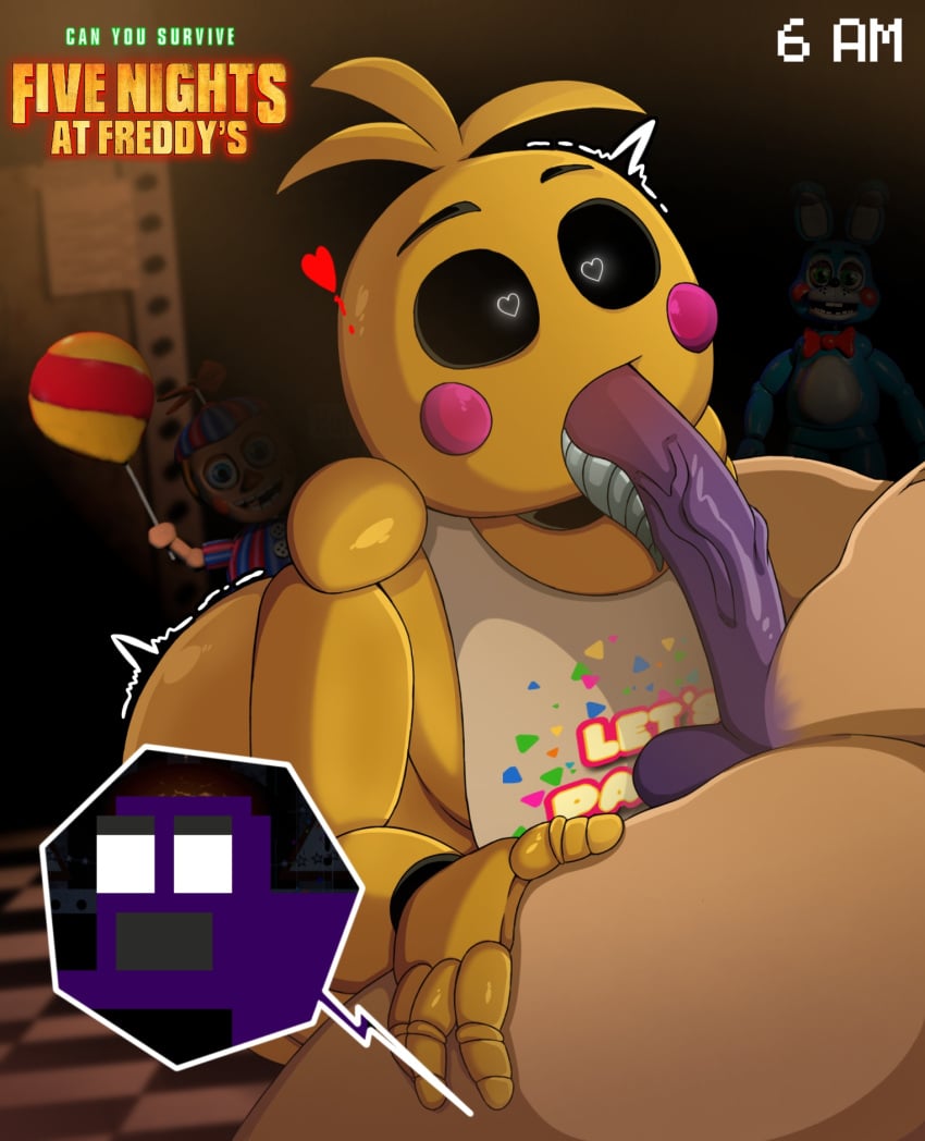 big_penis blowjob cerakoh fellatio five_nights_at_freddy's genitals metal_tongue oral oral_penetration penetration penis penis_in_mouth purple_guy_(fnaf) tongue tongue_out tongue_out_blowjob toy_chica_(fnaf) william_afton