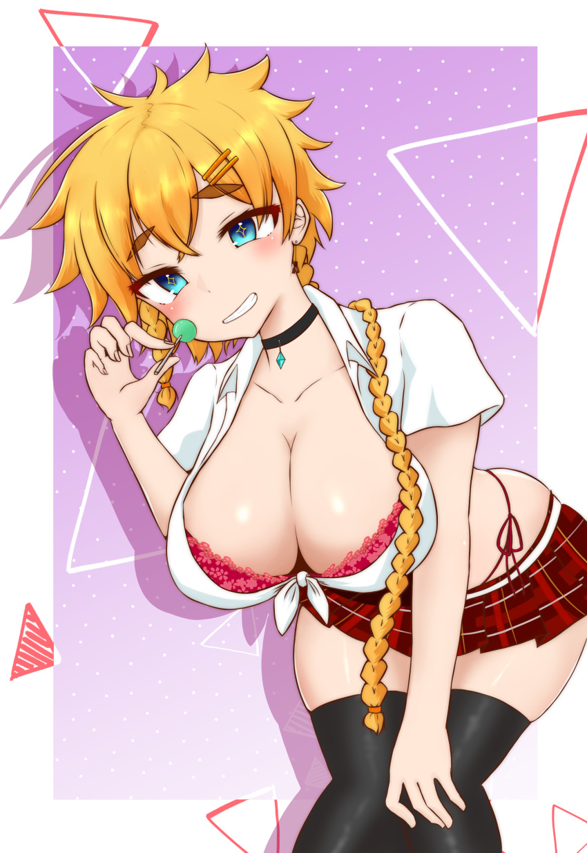 1girls ass bent_forward bent_over big_breasts black_thighhighs blonde_hair blue_eyes bra bra_showing braided_hair braided_ponytail choker cleavage cleavage_overflow collarbone crystal earrings eyebrows eyebrows_visible_through_hair fingernails grin grinning hand_on_leg huge_breasts legs legs_together lollipop original pink_bra red_skirt satsuki satsuki-chan-kun-san-sama short_sleeves skirt solo solo_female solo_focus star_(symbol) string_panties teeth thick_eyebrows thick_thighs thighhighs tied_shirt virtual_youtuber white_shirt white_skin