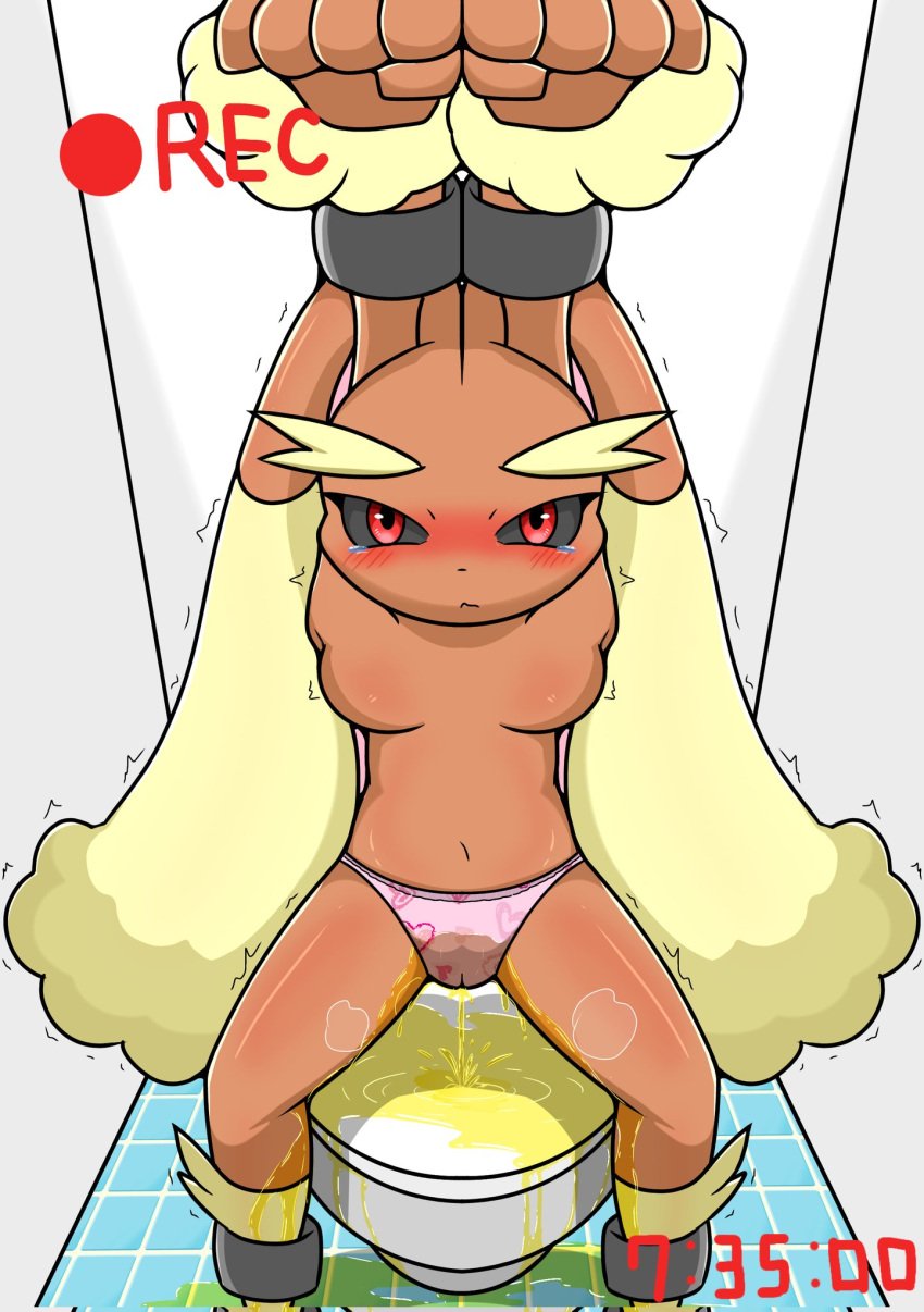 anthro arm_tuft arms_above_head arms_tied bathroom black_sclera blush bodily_fluids bondage bound breasts brown_body brown_fur camel_toe camera_view captured clothed clothing cuff_(restraint) diaper_fetish embarrassed featureless_breasts female fur generation_4_pokemon genital_fluids hi_res high-angle_view lagomorph long_ears lopunny mammal navel nintendo omorashi panties panties_only peeing peeing_panties piss pissing pokemon pokemon_(species) pouting public_restroom queen_kemono recording red_eyes restraints restroom_stall shackles shaking solo tears toilet topless tuft underwear underwear_only urine urine_pool wetting