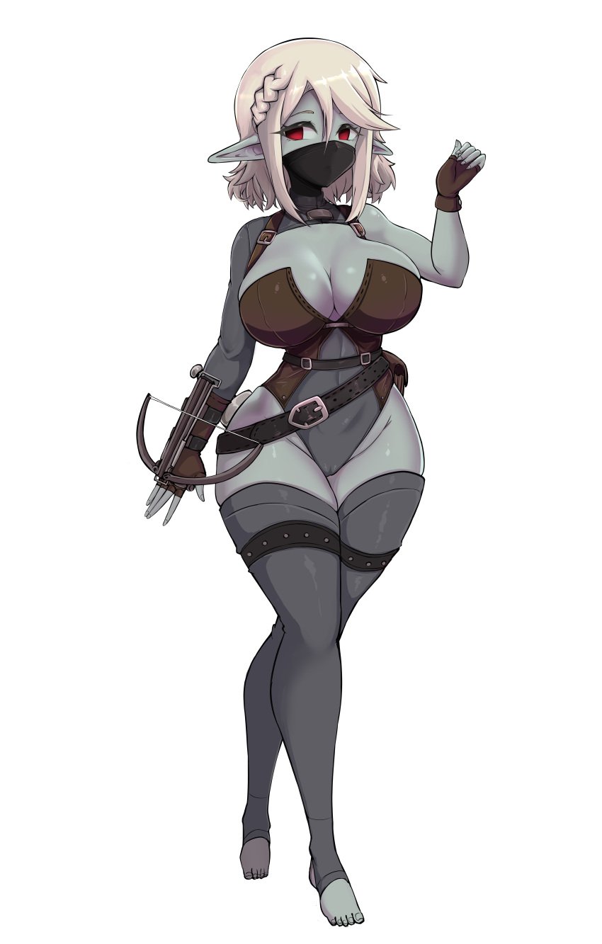 alternate_version_available belt breasts cameltoe comelyfay crossbow dagger dark-skinned_female dark_elf dark_skin dnd drow dungeons_and_dragons elf elf_ears elf_female elf_girl facemask feet nilue_khaloavae oc open_shirt original_character outfit red_eyes rogue srosebrace_copyright stirrup_legwear stirrup_socks thief toes white_hair