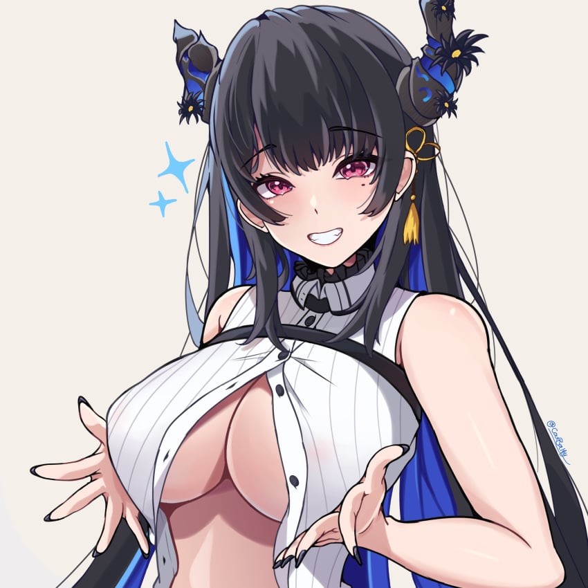 1girls alternate_version_at_source big_breasts black_hair black_nails blue_hair breasts button_down_shirt chest_strap coubalty female fingernails high_resolution highres hololive hololive_english hololive_english_-advent- horns large_breasts looking_at_viewer multicolored_hair nerissa_ravencroft nipples_visible_through_clothing no_bra off-white_background partially_open_shirt red_eyes shirt showing_off showing_teeth simple_background smiling solo two_tone_hair undercleavage virtual_youtuber