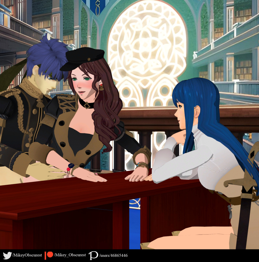 1boy 2girls 3d alternate_costume blue_eyes blue_hair blush bottomless breasts brown_hair caeda_(fire_emblem) choker cleavage dorothea_arnault earrings exhibitionism fire_emblem fire_emblem:_mystery_of_the_emblem fire_emblem:_path_of_radiance fire_emblem:_shadow_dragon_and_the_blade_of_light fire_emblem:_three_houses garreg_mach_monastery_uniform green_eyes hat ike_(fire_emblem) indoors library long_hair medium_breasts mikey_obscurest multiple_girls nintendo open_mouth public public_sex sex short_hair sitting skirt smile sword voyeur voyeurism watching weapon