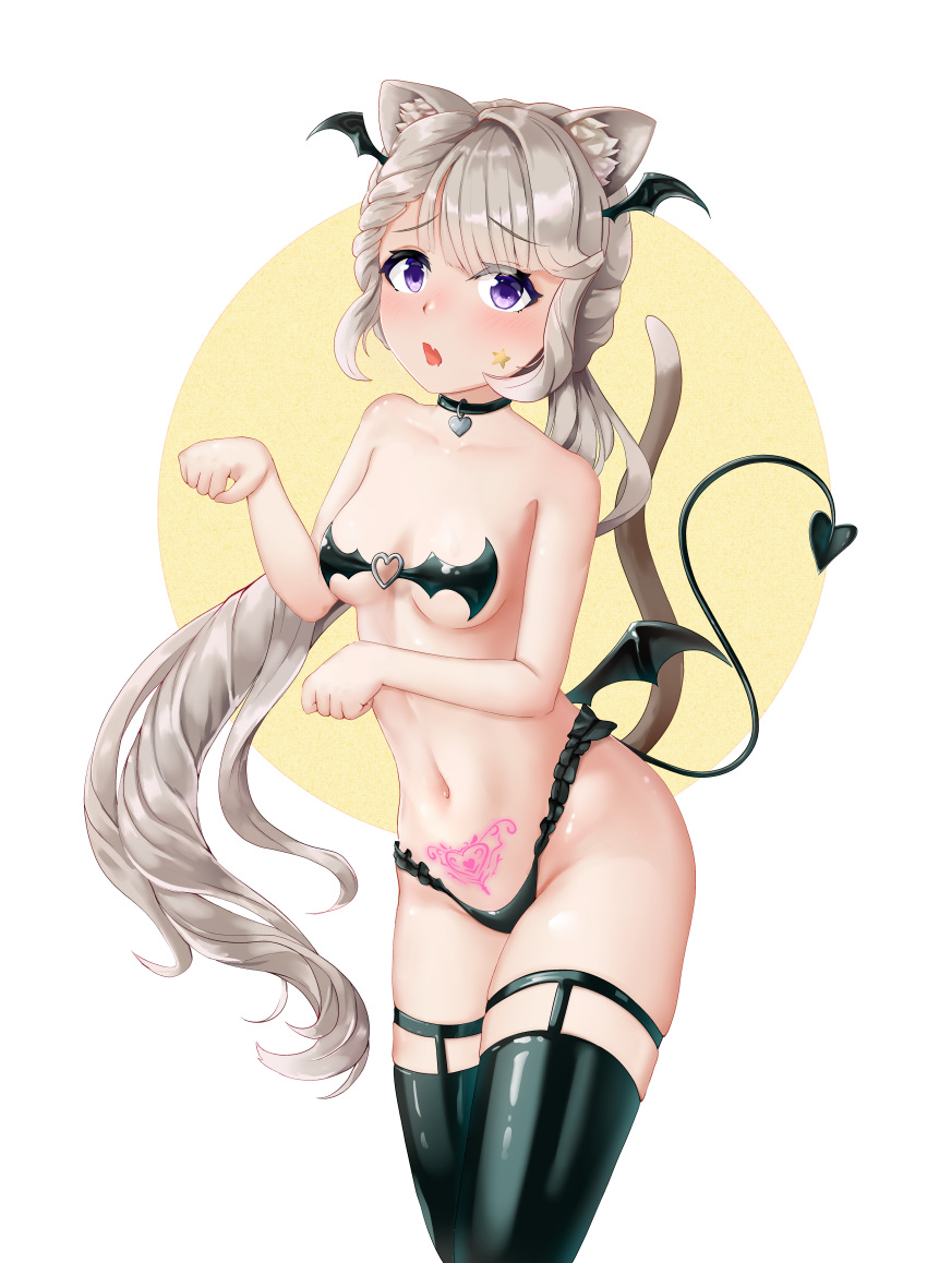 1girls artist_name black_collar black_panties breasts collar demon demon_girl embarrassed female female_only genshin_impact green_panties halloween halloween_costume lynette_(genshin_impact) panties ponytail pubic_tattoo small_breasts solo source_request succubus succubus_outfit succubus_tattoo thong underwear