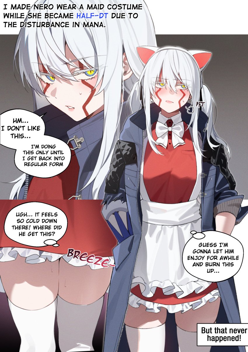 1boy 1girl 2d bechu cat_ears comic devil_may_cry devil_may_cry_5 dialogue english_text face_tattoo female genderswap genderswap_(mtf) maid maid_uniform nero_(devil_may_cry) rule_63 slight_blush solo_focus speech_bubble tagme text thighhighs twintails white_hair white_thighhighs