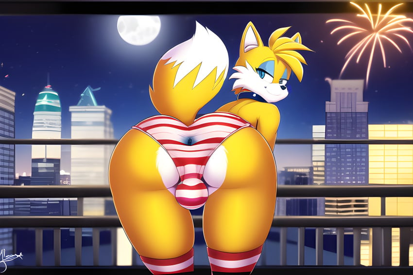 1boy ai_generated anthro ass ass_focus balcony bent_over big_ass big_butt blonde_hair blue_eyes bulge bulge_through_clothing canine canis city cityscape collar crop_top dipstick_tail femboy feminine_male feminine_tails fireworks fluffy_tail fox full_moon girly mammal medium_hair moonlight night novelai panties smile smiling smiling_at_viewer sonic_(series) sonic_the_hedgehog_(series) striped_panties tail tails yellow_fur