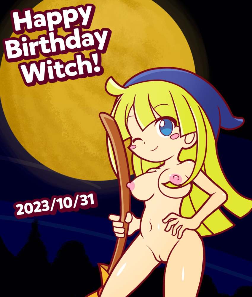 1girls blonde_hair breasts broom female female_only furii_(artist) hat nipples pussy puyo_puyo puyo_puyo_artstyle solo solo_female tagme witch_(puyo_puyo) witch_hat