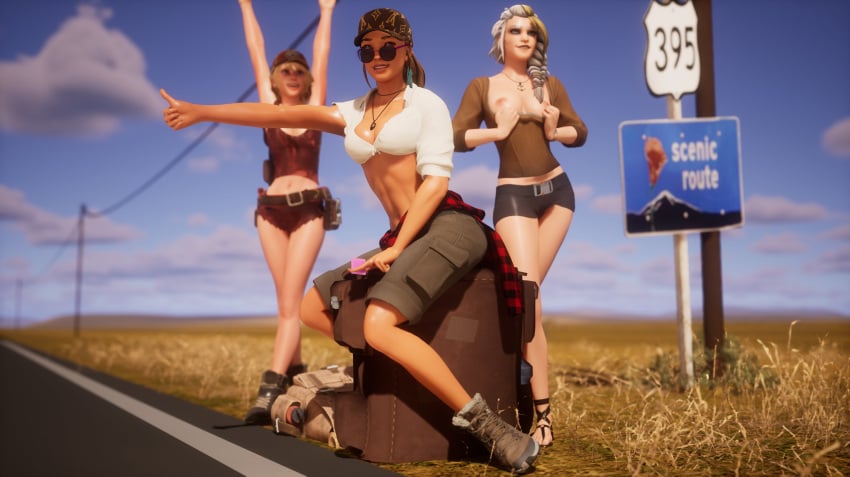 3d 3d_(artwork) 3girls adeptussteve blonde_hair breasts breasts_out cindy_aurum clothed_female clothing condom exhibitionism female female_only final_fantasy flashing flashing_breasts hitchhiking holding_condom human jaina_proudmoore life_is_strange multiple_girls nipples outdoors outside public_nudity rachel_amber road seductive showing_breasts sitting standing sunglasses tagme_(character) warcraft wildlife_(video_game) world_of_warcraft