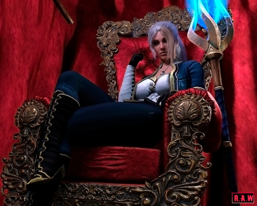 alliance_(warcraft) big_breasts breasts clothed_female clothing dominant_female female female_human female_only gloves huge_breasts jaina_proudmoore legs_crossed looking_at_viewer looking_down nonude redalex_werda seductive_look sitting sitting_on_throne throne throne_room warcraft world_of_warcraft wow