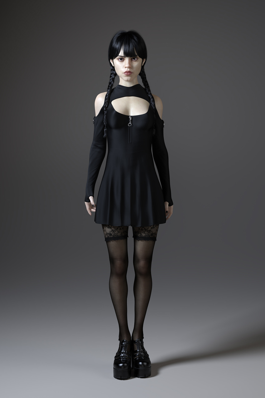 1girls 3d athletic athletic_female bare_shoulders black_hair breasts brown_eyes cleavage cleavage_cutout dboxx dress female female_focus female_only goth goth_girl long_hair makeup nail_polish nylons pale-skinned_female pale_skin platform_heels real_person short_dress small_breasts standing stockings tagme the_addams_family twin_braids wednesday_(netflix) wednesday_addams wide_hips