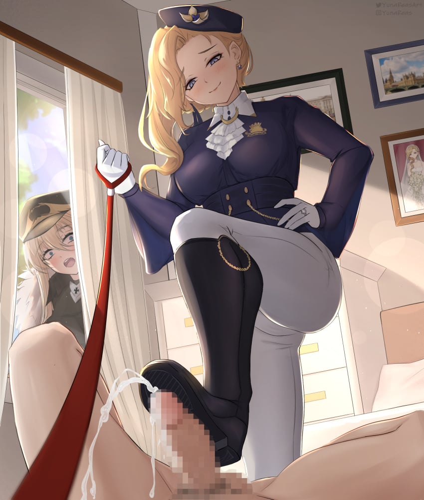 1boy 2girls absurdres ascot azur_lane bed bedroom bismarck_(azur_lane) bismarck_zwei_(azur_lane) black_cape black_footwear blonde_hair blue_eyes blue_headwear blush bootjob boots breasts cape censored clothed_female_nude_male commission cross cum curtains earrings ejaculation femdom flower footjob frilled_ascot frills from_below gloves hat hat_flower highres holding holding_leash hood_(azur_lane) hood_(gentlewoman_and_stallion)_(azur_lane) hood_(rosey_love_poem)_(azur_lane) indoors iron_cross jacket jewelry knee_boots large_breasts leash long_hair long_sleeves military_hat military_uniform mosaic_censoring multiple_girls official_alternate_costume pants pants_tucked_in peaked_cap peeping penis portrait pov riding_boots riding_outfit ring royal_navy_emblem_(azur_lane) shirt shoe_soles shoejob smirk stepping_on_penis surprised tilted_headwear uniform upper_body viewer_on_leash wedding_ring white_ascot white_gloves white_horse white_pants white_shirt window yunareas