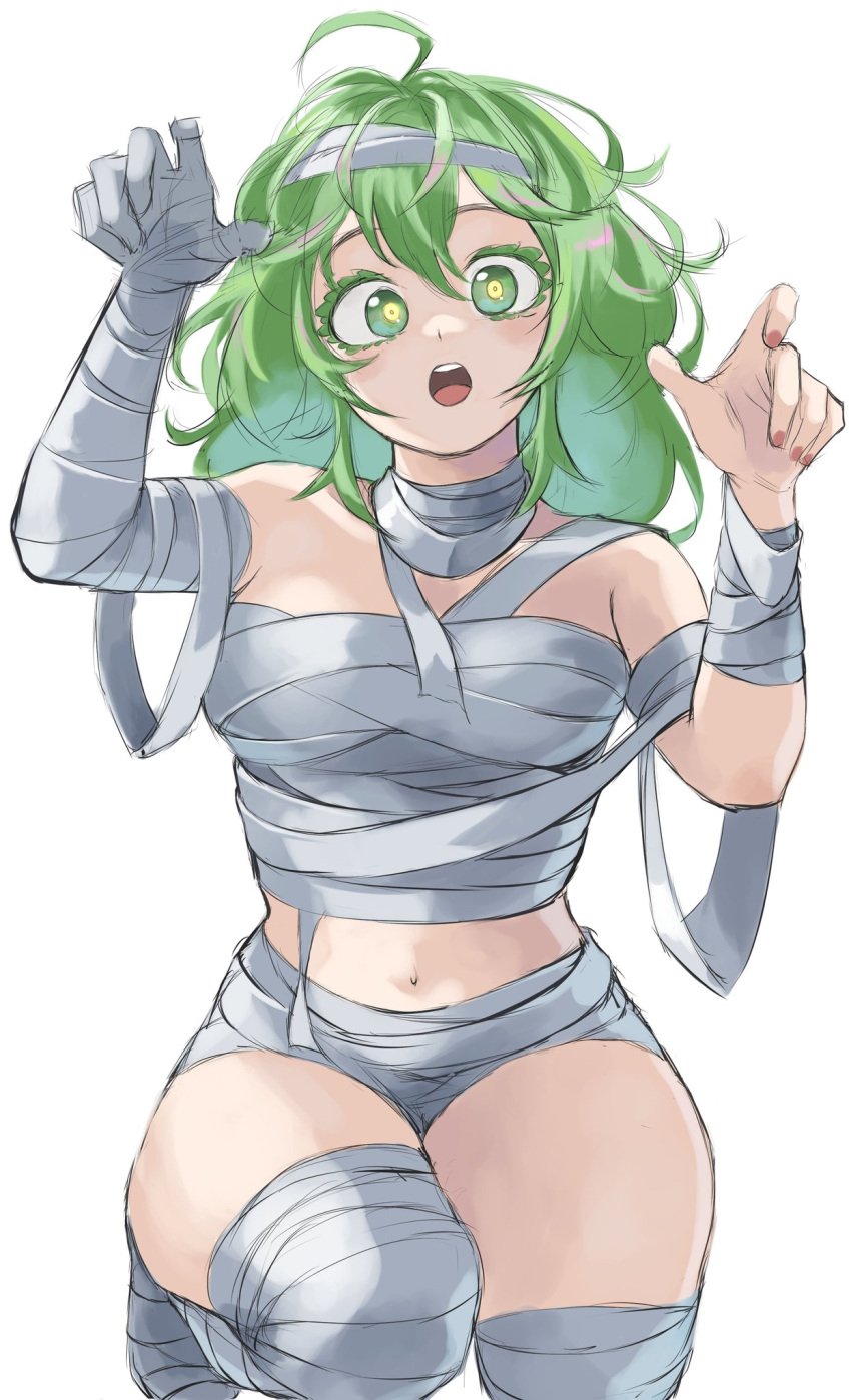 2023 bandage bandaged_arm bandaged_chest bandaged_hand bandaged_head bandaged_leg bandaged_neck bandaged_torso bandages belly_button blush blush boku_no_hero_academia covered_breasts female female_focus female_only furin0241 green_eyes green_hair halloween halloween_2023 kneeling long_hair loose_bandages medium_breasts messy_hair mummy mummy_costume mummy_girl mummy_wrappings my_hero_academia navel open_mouth petite petite_female plain_background smooth_skin thick_thighs thighhighs thighs tooru_hagakure tooru_hagakure_(visible) white_background wide_eyed wide_hips wide_thighs