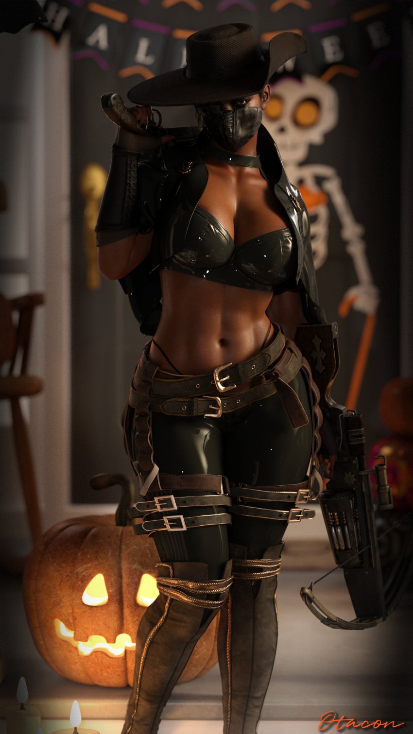 1girls 3d 3d_(artwork) abs african african_female alternate_costume bare_midriff black_hair brown_body brown_skin clothed cosplay dark-skinned_female dark_skin female halloween indoors jack-o'-lantern large_breasts otacon212 resident_evil resident_evil_5 sheva_alomar solo thong tight_clothing vampire_hunter