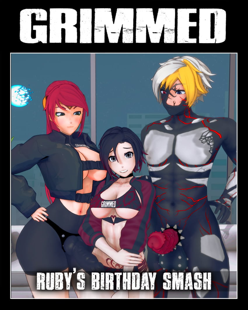 1boy 2girls 3d big_breasts birthday birthday_sex female grimm_(rwby) grimmed halloween heart_tattoo huge_cock human indrick_[artist] interspecies jaune_arc male mostly_clothed_female multiple_girls nude_male pale_skin penis pubic_tattoo pyrrha_nikos red_hair red_highlights ruby_rose rwby title_page