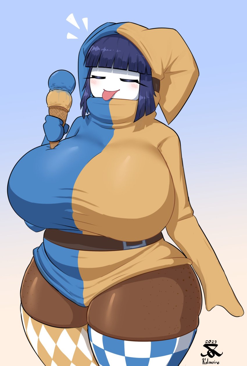 1girls belt big_ass blush busty closed_eyes curvy dark-skinned_female dark_skin duomi_(kalmoire) freckles gradient_background hime_cut huge_ass huge_breasts ice_cream jester jester_hat kalmoire mario_(series) mask plump shy_gal smile thighhighs tongue_out