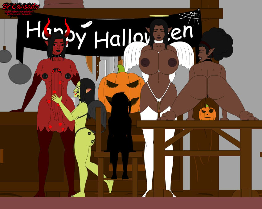 1futa 4girls angel_costume angel_wings animated animated_gif areolae breasts clapping_cheeks clothed dark-skinned_female dark_elf dark_skin elf_ears female futa_on_female futanari goblin_female halloween halloween_costume handjob helena_dark huge_ass huge_balls huge_breasts huge_cock human humanoid humanoid_penis jack-o'-lantern light_skin lipstick_mark lipstick_on_balls lipstick_on_penis lulu_dark nipple_piercing nipples nude original_character original_characters red-skinned_futanari red_skin shanoa_dark silvini_(sr_cansado) sr_cansado thighhighs twerking