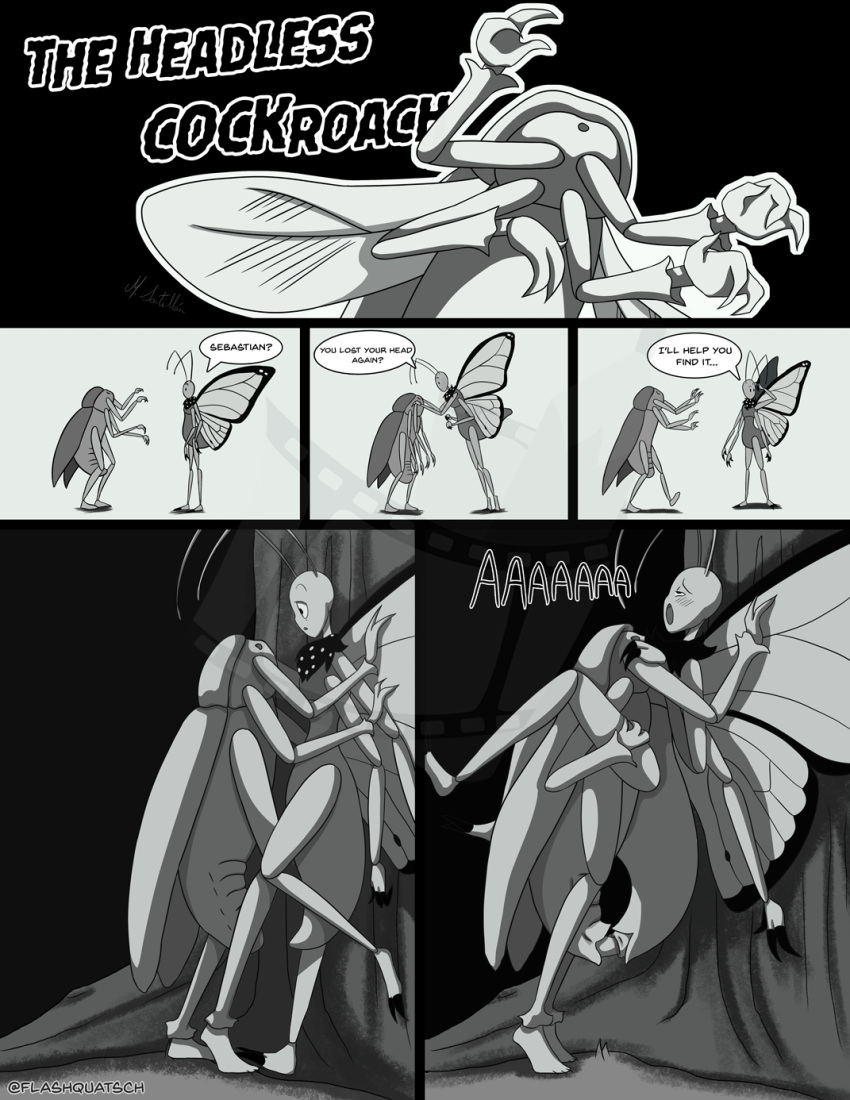 against_surface antennae_(anatomy) anthro arthropod black_and_white blattodea butterfly cloacal cloacal_penetration cockroach comic comic_panel dialogue flashquatsch genitals headless hi_res insect_wings insects lepidopteran lepidopteran_wings male male/male monarch_butterfly monochrome multi_arm multi_limb penetration penis plant rey_(flashquatsch) sebastian_(flashquatsch) speech_bubble tree tuft wings