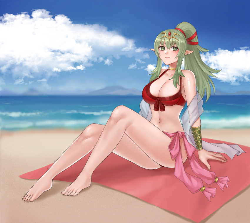 1girls absurdres alternate_costume bare_legs barefoot beach bikini breasts cleavage collarbone commentary_request commission female female_only fire_emblem fire_emblem_awakening fire_emblem_heroes full_body green_eyes green_hair hair_ornament hazuki_(nyorosuke) highres knees_up large_breasts legs long_hair looking_at_viewer navel nintendo ocean official_alternate_costume on_towel outdoors pointy_ears ponytail red_bikini red_swimsuit ribbon sarong see-through sitting skeb_commission smile solo swimsuit tiara tiki_(adult)_(fire_emblem) tiki_(adult)_(summer)_(fire_emblem) tiki_(fire_emblem) toes towel veil