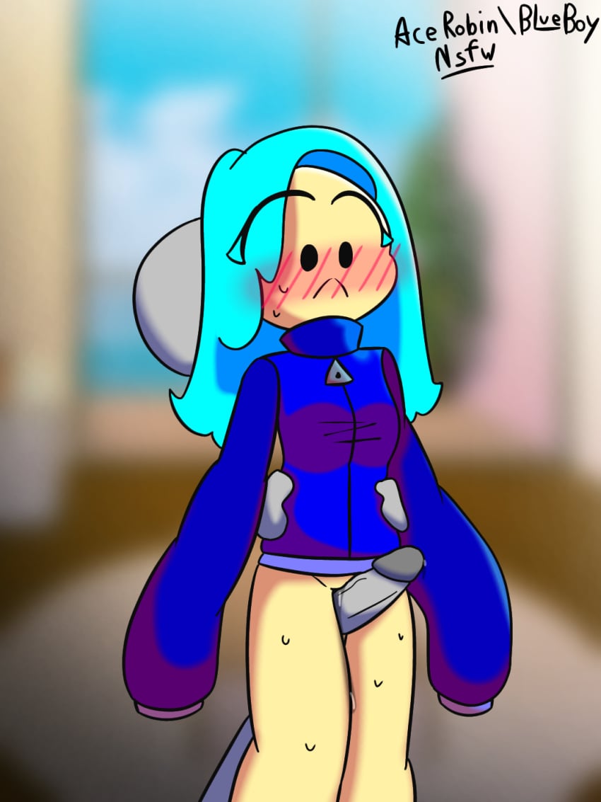 1boy 1boy1girl 1girls :< anon blue_clothing blue_hair blue_hoodie blueboy_(artist) blush blush_lines commando cyan_hair dick going_commando grey_body hoodie looking_at_penis no_panties no_pants oc original_character penis precum pussy pussy_juice pussy_juice_drip tagme thigh_sex vagina wet_pussy