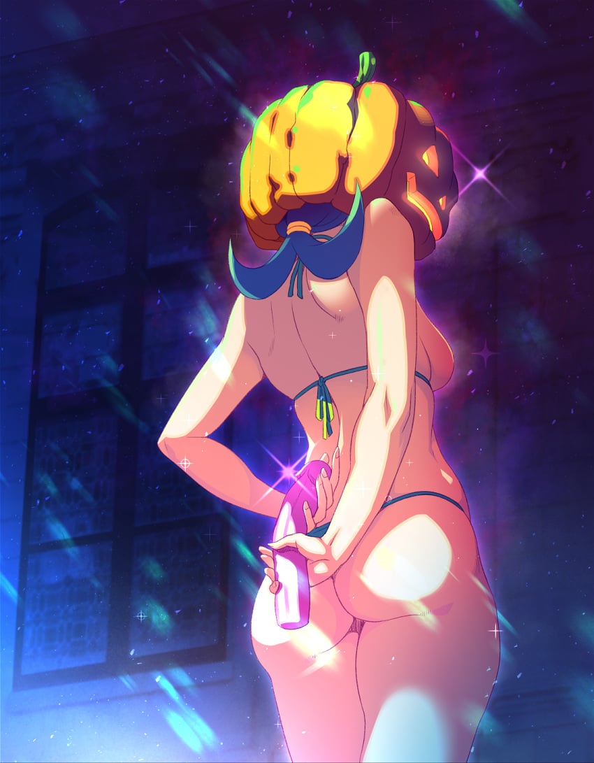 1girls ass back back_view backboob big_ass bikini bikini_bottom bikini_top blue_bikini blue_hair bottomwear dildo e_keroron female female_only game_freak halloween headwear lana's_mother_(pokemon) mature mature_female mature_woman milf mother pokemon pokemon_sm pumpkin pumpkin_head solo solo_female swimwear thighs topwear