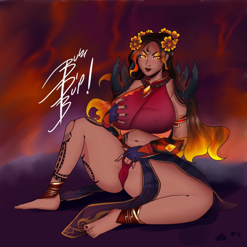 1girls 2023 american_mythology barefoot black_hair bubi_di_bup deity female female_masturbation female_only god goddess grabbing_own_breast hawaiian_flower hi-rez_studios lava_hair masturbation mythology nipples_visible_through_clothing north_american_mythology panties pele pele_(smite) polynesian_mythology public_domain smite solo