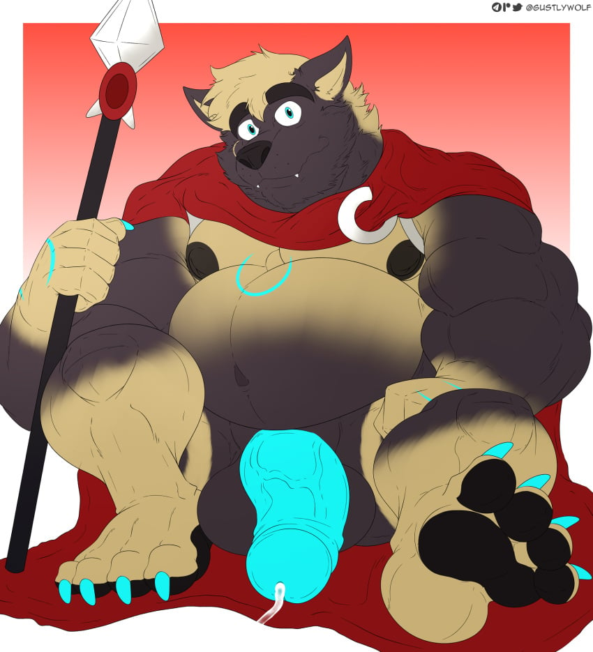 anthro balls barazoku big_balls big_penis bodily_fluids canid canine cape clothed clothing erection fur genital_fluids genitals hi_res huge_balls huge_cock humanoid_genitalia humanoid_penis hyper hyper_genitalia hyper_penis incrediblecrocodile looking_at_viewer male mammal muscular muscular_anthro muscular_male nipples pecs penis simple_background solo