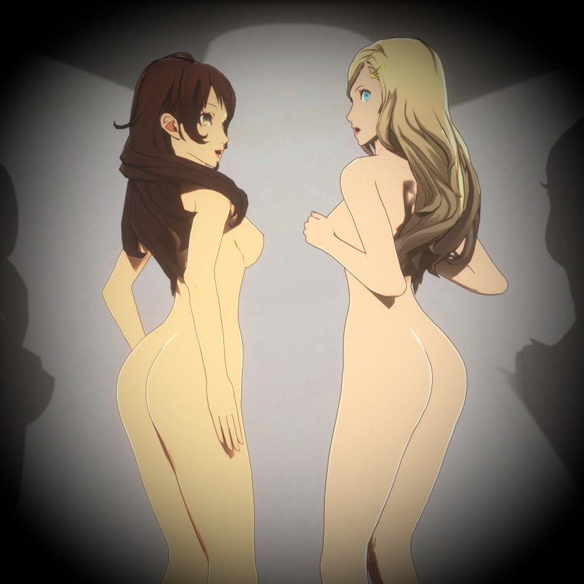 1:1 2girls 3d ann_takamaki ass atlus blonde_hair blue_eyes breasts brown_hair female female_only kujikawa_rise malix_anno megami_tensei multiple_girls naked nude nude_female persona persona_4 persona_5