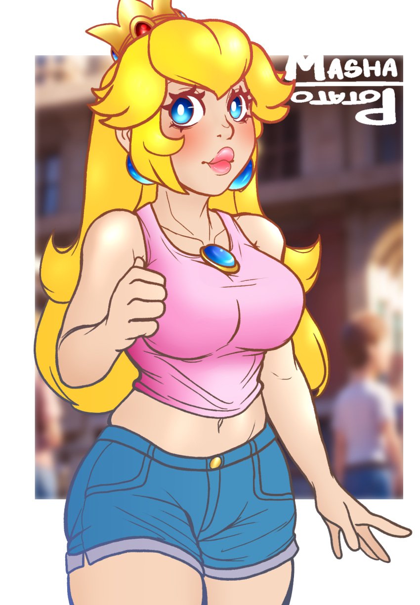 1girls bangs blonde_female blonde_hair blonde_hair_female blue_eyes blush breasts crown cute female female_only jewelry lips lipstick long_hair mario_(series) mashapotato midriff navel pink_tank_top princess_peach puffy_lips shirt short_shorts shorts solo standing tank_top tummy