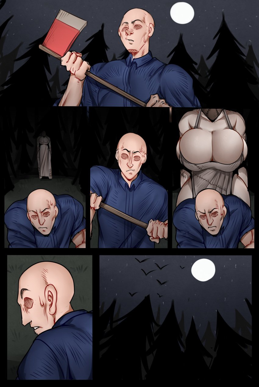 1boy 1girls apron axe big_breasts breasts busty cleavage clothing comic comic_page comic_panel comic_strip detnox faceless_male female halloween huge_breasts large_breasts male nightmare_waifu patchwork_(detnox) sweatdrop weapon