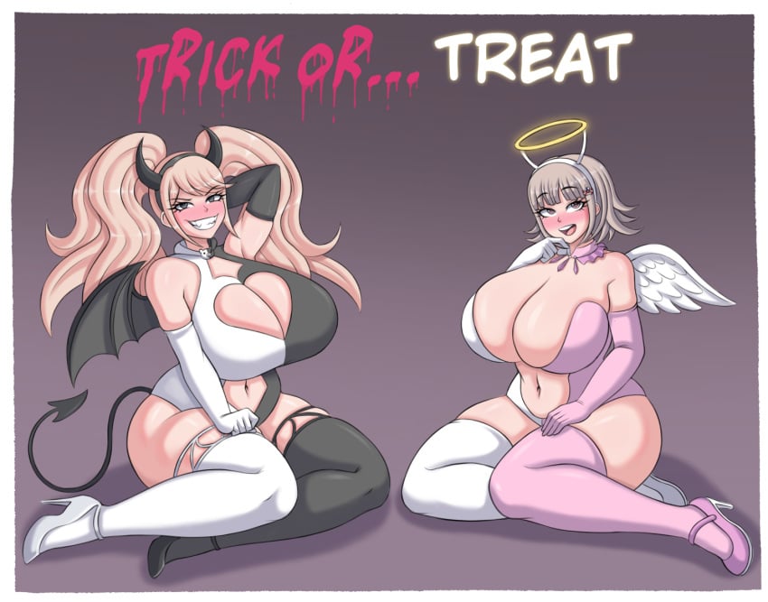 2girls alternate_breast_size alternate_version_available angel angel_costume angel_wings blonde_hair breasts danganronpa female female_only halloween halo hips horns huge_breasts junko_enoshima light-skinned_female light_skin long_hair nanami_chiaki onkel_h succubus succubus_costume tail_accessory thick_thighs thighs wide_hips