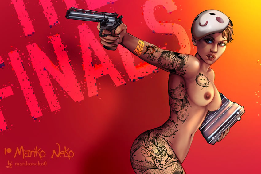 1girls aiming female female female_focus female_only gun marikoneko marikoneko0 naked naked_female nude nude_female revolver short_hair tattoo tattoos the_finals