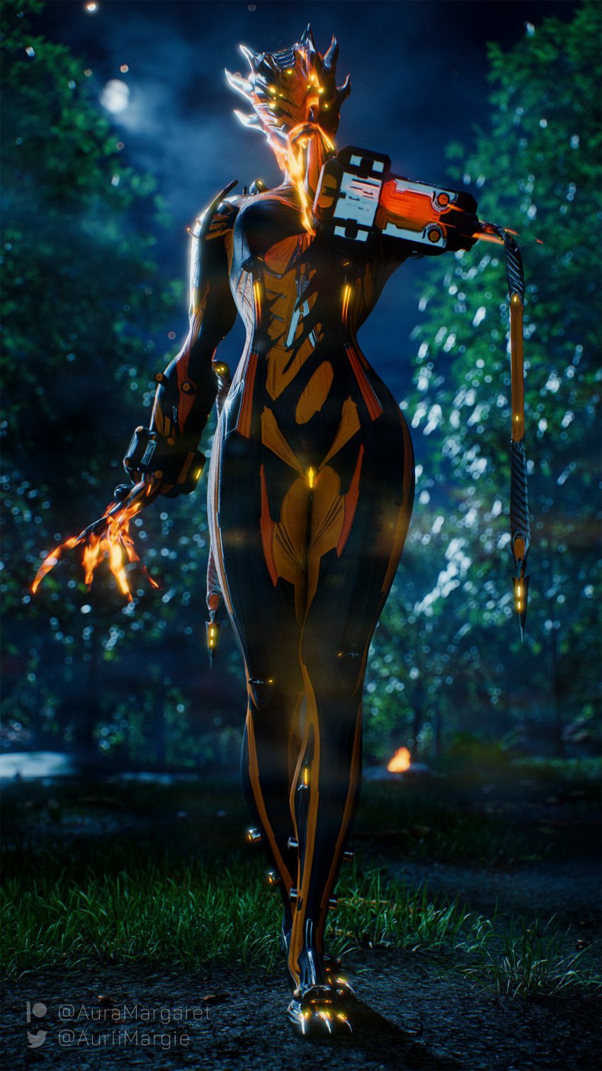 1girls 3d auramargaret black_body blender blender_(software) blender_cycles breasts claws dominant dominant_female female forest forest_background gesture glowing glowing_genitalia glowing_pussy grass lens_flare looking_at_viewer moon moonlight multicolored_body night orange_body patreon patreon_username pussy robot_girl robot_humanoid tenno tree twitter twitter_username valkyr_(warframe) warframe watermark