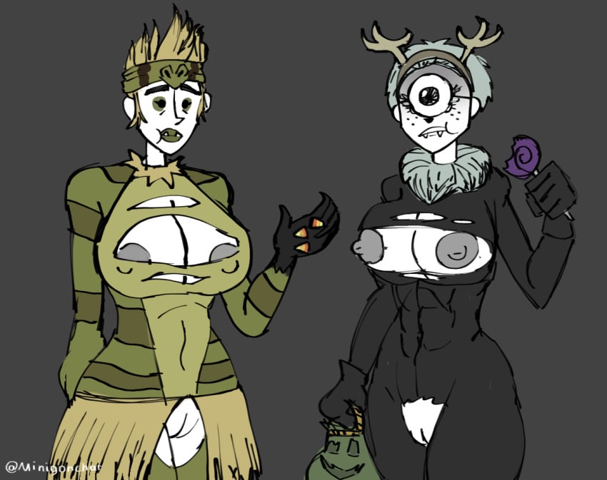 2023 2girls big_ass big_breasts breasts candy costume digital don't_starve don't_starve_together eating female halloween halloween_costume klei_entertainment lipstick milf minigonchar multiple_girls naked nipples pussy torn_clothes wigfrid winona_(don't_starve_together)