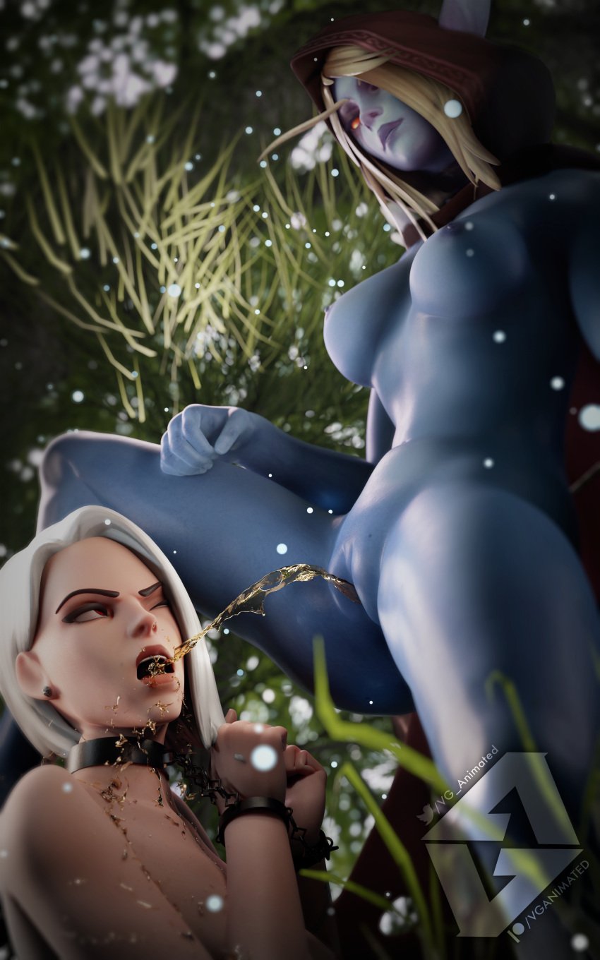 2girls 3d ashe_(overwatch) breasts completely_naked completely_nude completely_nude_female dominant_female hood legs_apart legs_held_open legs_spread medium_breasts naked nude overwatch overwatch_2 peeing piss_drinking pissed_on pissing_in_mouth pissing_on_another red_eyes sylvanas_windrunner urine vganimated warcraft watersports world_of_warcraft wow yuri