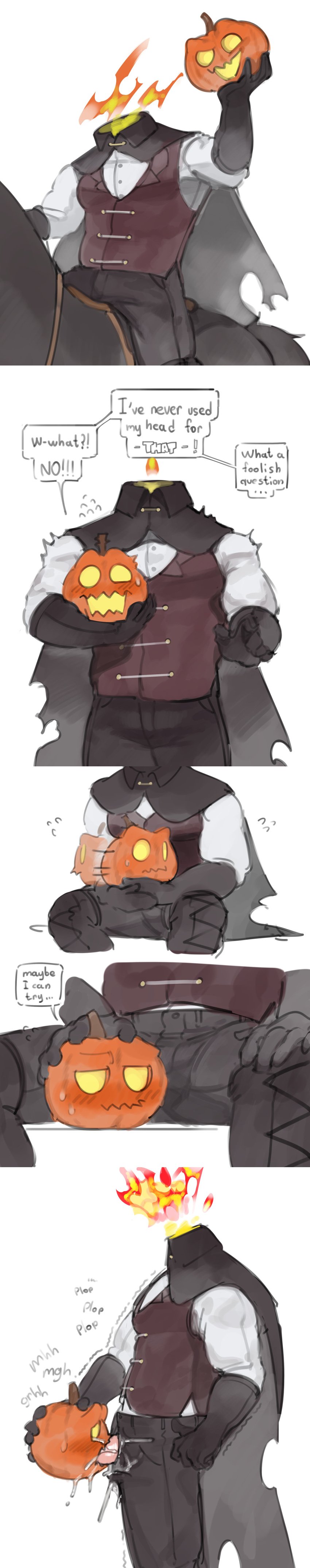 1boy 2023 autofellatio barazoku blowjob clothing comic cum cum_drip cum_dripping_from_penis dialogue dullahan english_text genital_fluids halloween headless_horseman hi_res highres holidays jack-o'-lantern jack_o'_lantern kogito male male_focus male_only manly penis pumpkin pumpkin_head self_sucking solo solo_male text unusual_anatomy yaoi