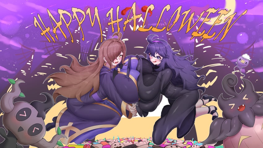 2girls background big_breasts blush breast_to_breast breasts brown_hair crossover dress drifloon english english_text female female_focus female_only footwear game_freak hair hair_over_one_eye halloween halloween_decoration hand_holding hex_maniac huge_breasts kono_subarashii_sekai_ni_shukufuku_wo! large_breasts litiya long_hair massive_breasts phantump pokemon pokemon_xy pumpkaboo purple_dress purple_eyes purple_hair text thighs wiz_(konosuba) yellow_eyes