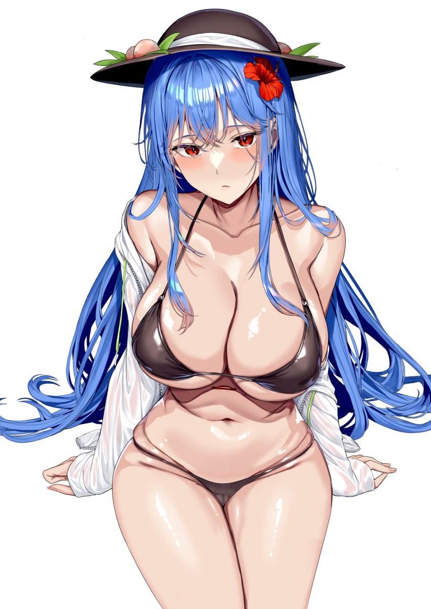 bikini black_bikini black_headwear black_swimsuit blue_hair breasts cameltoe cleavage closed_mouth clothing female flower food fruit groin hair_flower hair_ornament high_resolution hinanawi_tenshi large_breasts leaf long_blue_hair long_hair looking_at_viewer navel neropaso peach_(fruit) red_eyes red_flower shiny shiny_skin simple_background solo swimsuit touhou touhou_project very_high_resolution white_background