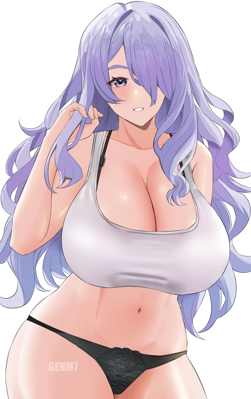 1girls black_panties breasts camilla_(fire_emblem) cleavage female fire_emblem fire_emblem_fates genm7 hair_over_one_eye huge_breasts light-skinned_female light_skin long_hair nintendo panties purple_eyes purple_hair sports_bra sportswear tank_top thick_thighs underwear voluptuous wide_hips