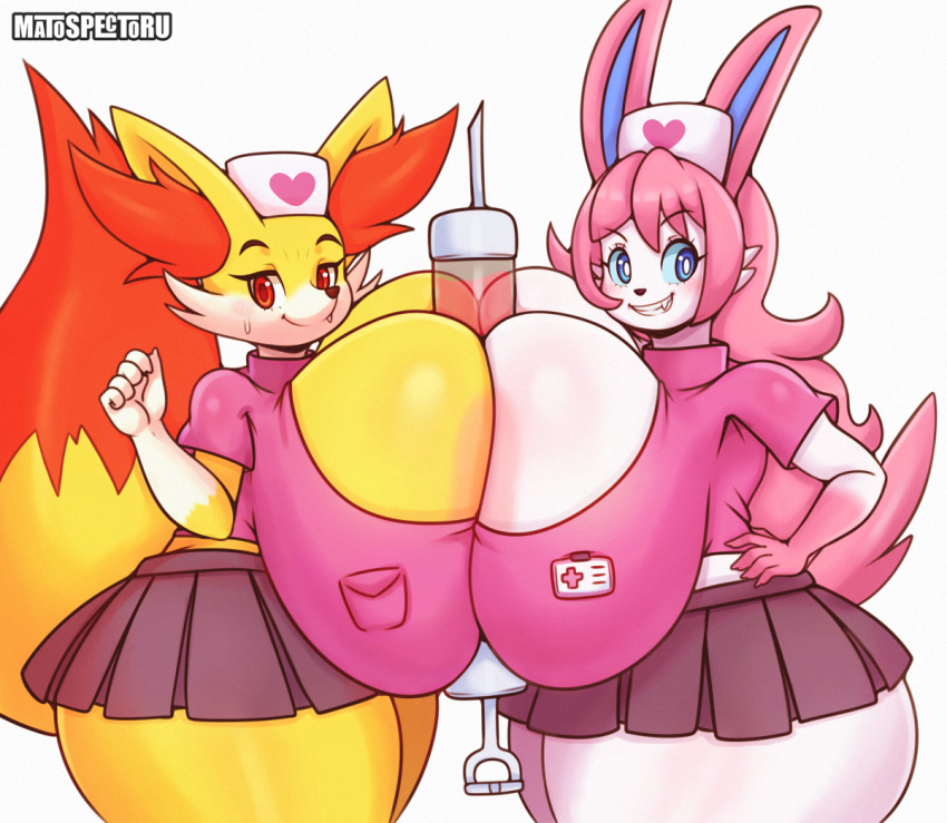 anthro big_breasts blue_eyes blue_sclera breasts canid canine duo eeveelution fangs female female/female fennekin fur generation_6_pokemon hair hat huge_breasts hyper hyper_breasts long_hair mammal matospectoru multicolored_body multicolored_fur niki_(dofunut) nintendo nurse nurse_hat nurse_uniform orange_body orange_fur pink_body pink_fur pink_hair pokemon pokemon_(species) selene_(itsawulf) skirt smile sylveon tail white_body white_fur yellow_body yellow_fur