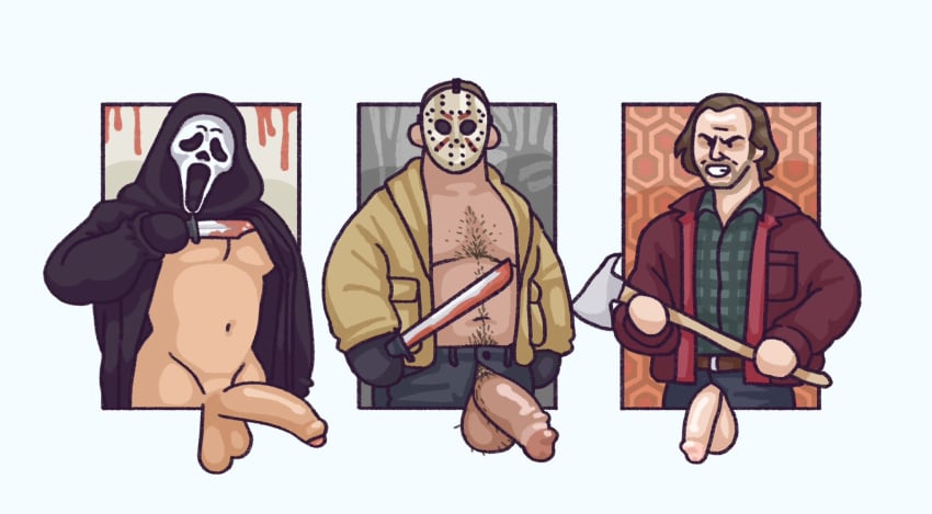 2023 3boys balls bara barazoku big_balls big_penis clothing crossover friday_the_13th gay ghostface ghostface_(scream) hairy half-erect halloween hi_res highres hockey_mask holidays jack_torrance jason_voorhees kinktober looking_at_viewer male male_focus male_only manly mask masked masked_male penis scream scream_(franchise) solo_male stephen_king the_shining yaoi