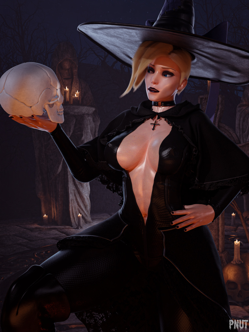 1girls 3d 3d_(artwork) 4k big_ass big_breasts black_lipstick blonde_hair blue_eyes breasts cemetery cleavage cleavage_cutout female goth goth_girl halloween halloween_costume hi_res highres leather leather_clothing legs legwear light-skinned_female light_skin lipstick makeup mercy night overwatch overwatch_2 pale_skin pinup pnut skull solo solo_female solo_focus witch witch_hat