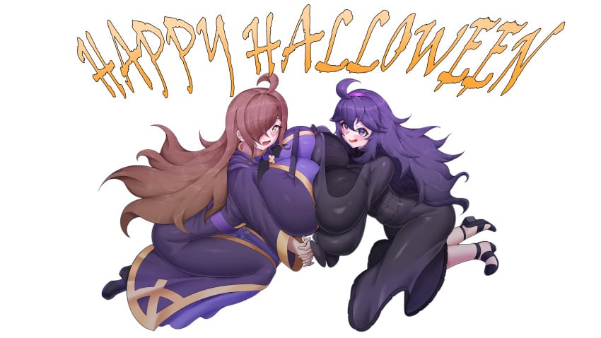 2girls big_breasts blush breast_to_breast breasts brown_hair crossover dress english english_text female female_only footwear game_freak hair hair_over_one_eye halloween hand_holding hex_maniac huge_breasts kono_subarashii_sekai_ni_shukufuku_wo! large_breasts litiya long_hair massive_breasts pokemon pokemon_xy purple_dress purple_eyes purple_hair text thighs white_background wiz_(konosuba) yellow_eyes