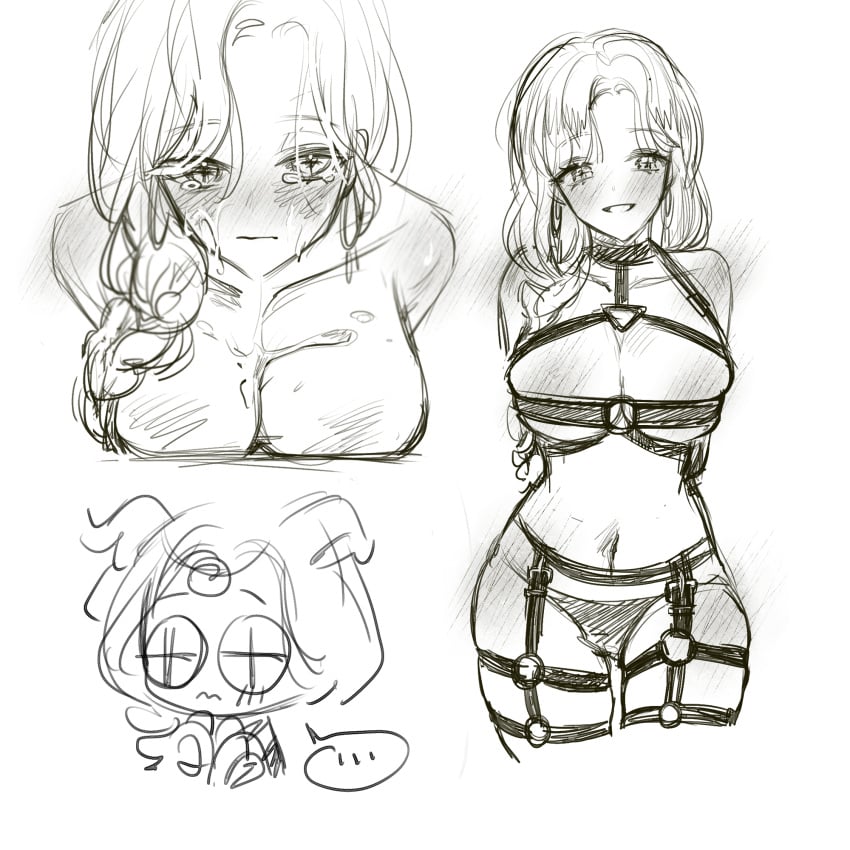 1girls belly belly_button blush bondage bondage_outfit braid breasts chibi closed_mouth cum cum_on_breasts cum_on_face earrings female female_focus fiona_gilman greyscale identity_v long_hair looking_at_viewer moro_haji panties ponytail smile solo standing tears thighs topless