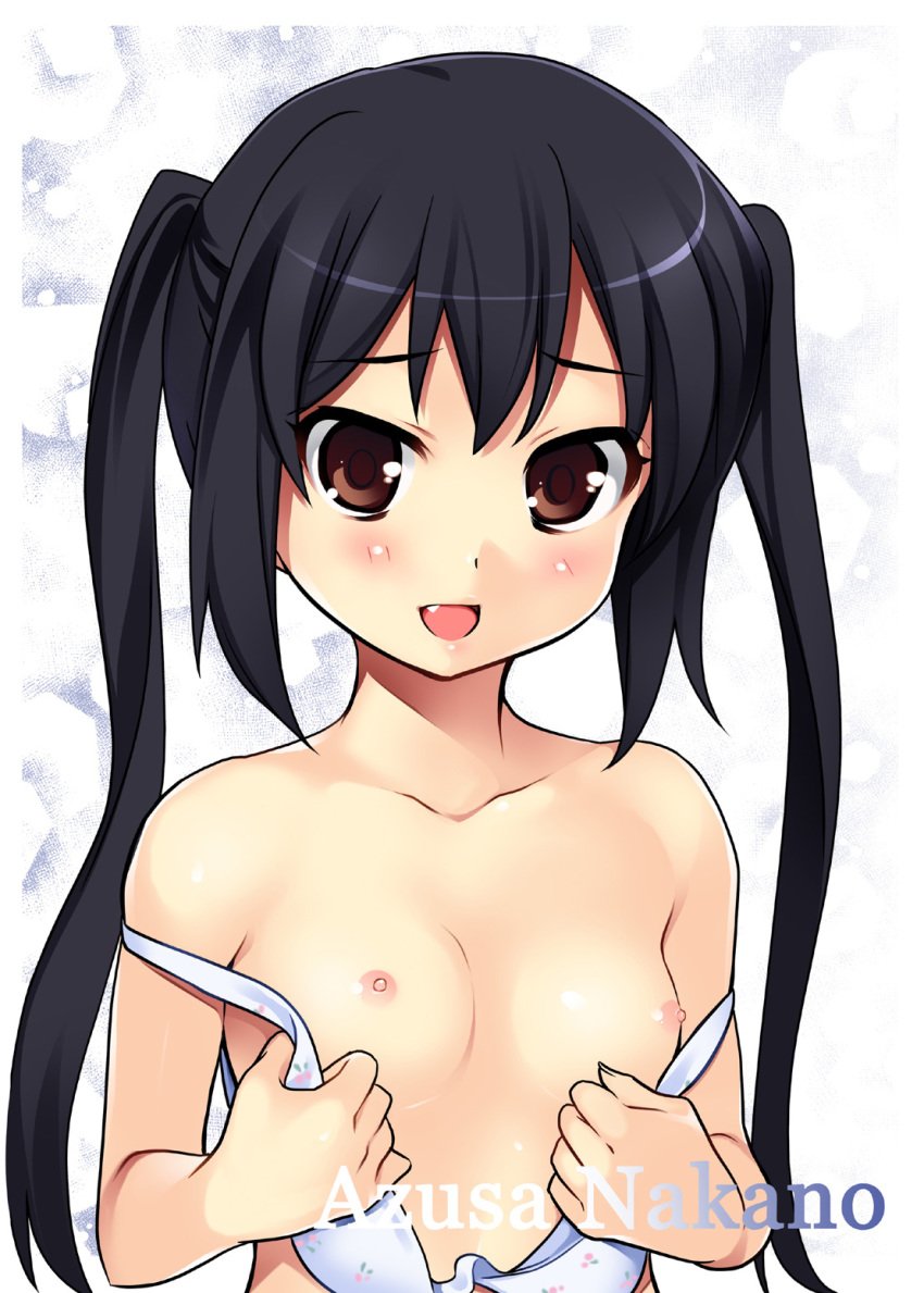 azu azusa_nakano_(k-on!) black_eyes black_hair blush bra breasts female female_only flat_chest highres human human_only k-on! lingerie smile solo tied_hair twintails underwear